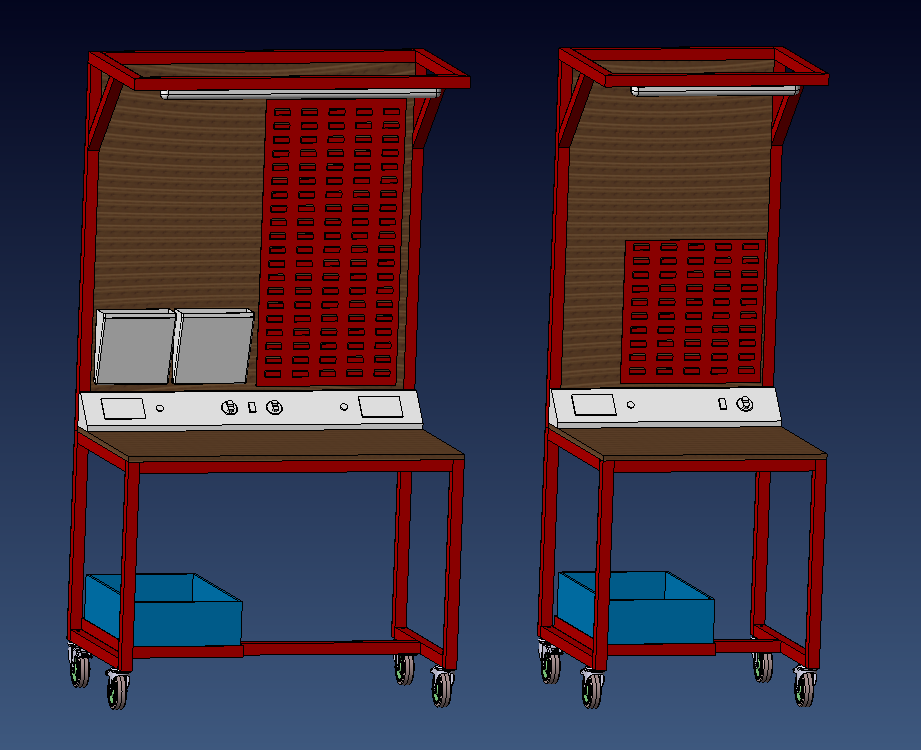 CAD design of a bench to be fabricated from steel and powder coated red.