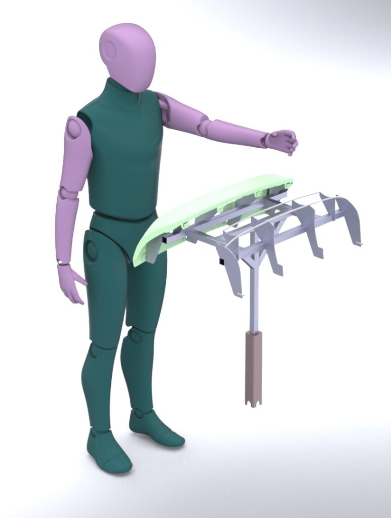 A 3D design showing an operator using a fabricated metal stand.