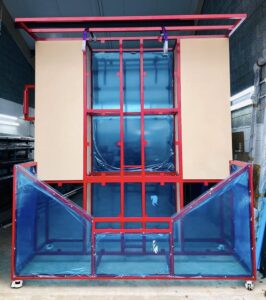 a bespoke storage and transportation frame finished with red powder coating.